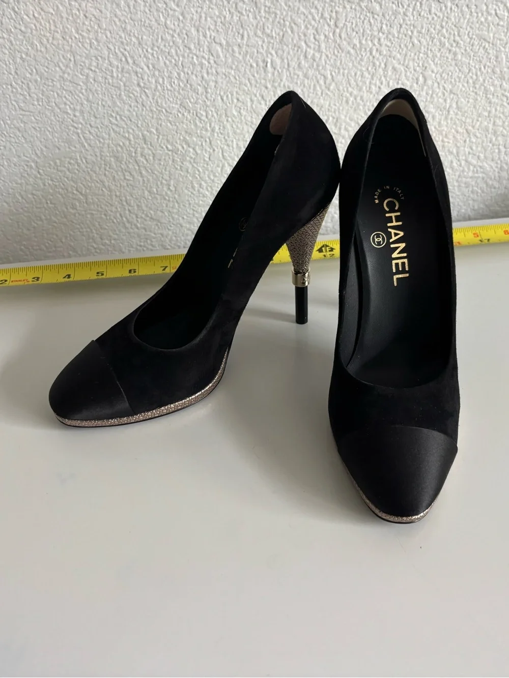 Authentic Chanel 4.5in Black Suede Heels with Rose Gold Patterned